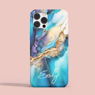 Persoonlijke Blauwe Goud Marmer Script Naam iPhone 15 Pro Max Hoesje