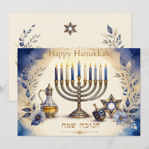 Persoonlijke Blauwe & Gouden Hanukkah Menorah Feestdagenkaart