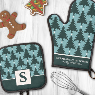 Persoonlijke blauwe groene kerstboommonogram ovenwant & pannenlap set