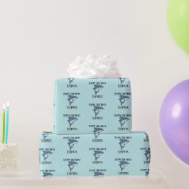 Persoonlijke blauwe haai knuffel cadeaupapier