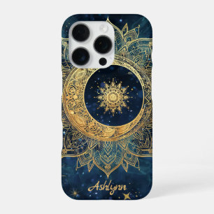 Persoonlijke Blauwe Hemelgouden Zon Maan Mandala iPhone 16 Pro Hoesje