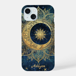 Persoonlijke Blauwe Hemelse Gouden Zon Maan Mandal iPhone 15 Case