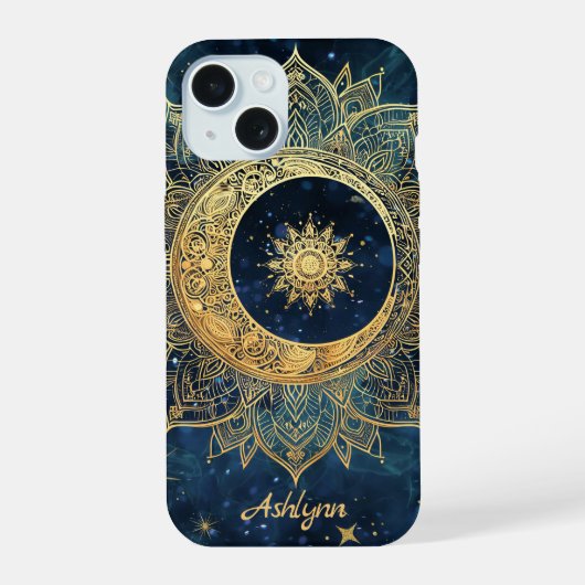 Persoonlijke Blauwe Hemelse Gouden Zon Maan Mandal iPhone 15 Case (Achterkant)