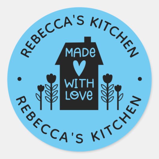 Persoonlijke blauwe homemade met liefdeskliniek ronde sticker (Voorkant)