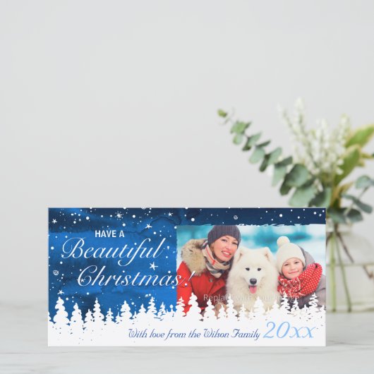 Persoonlijke blauwe kerstkaarten met foto voor de  feestdagenkaart (Staand voorkant)