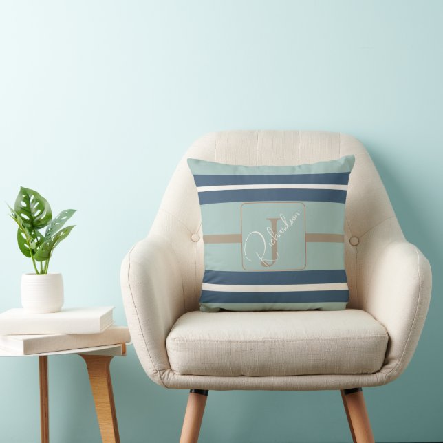Persoonlijke Blauwe Mint Tane Streep Monogram Kust Kussen (Stoel)
