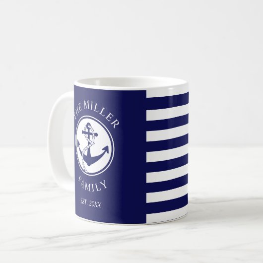 Persoonlijke blauwe Nautical Anchor Familienaam Koffiemok (Voorkant links)