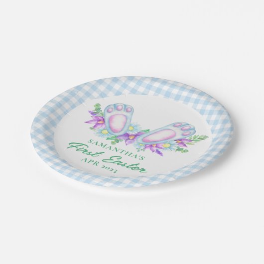 Persoonlijke blauwe ruitkonijnpootjes mijn eerste  papieren bordje (Gekanteld)