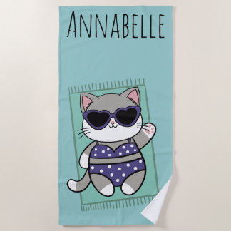Persoonlijke blauwe strandhanddoek met kat strandlaken