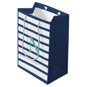 Persoonlijke Blauwe Strepen Monogram Medium Cadeauzakje