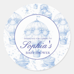 Persoonlijke blauwe Toile de Jouy baby shower stic Ronde Sticker