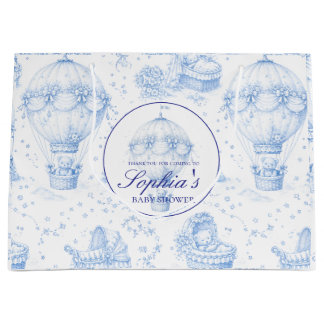 Persoonlijke Blauwe Toile de Jouy Baby Shower Zak Groot Cadeauzakje