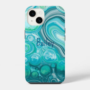 Persoonlijke blauwe turkoois zee golven bubbels iPhone 14 hoesje