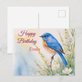 Persoonlijke Blauwe Vogel Bloemen Waterverf verjaa Briefkaart (Voorkant / Achterkant)