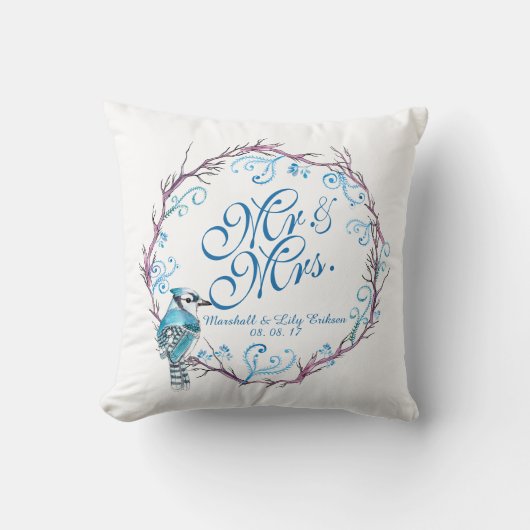Persoonlijke blauwe vogel en Floral Wedding Pillow Kussen (Voorkant)