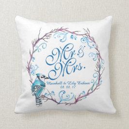 Persoonlijke blauwe vogel en Floral Wedding Pillow Kussen