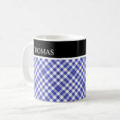 Persoonlijke Blauwe Witte Gingham Aangepaste Naam Koffiemok (Voorkant links)