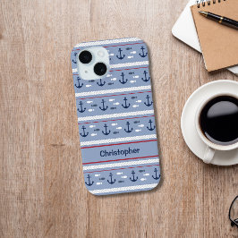 Persoonlijke Blauwe Witte Nautilische Ankers iPhone 15 Case