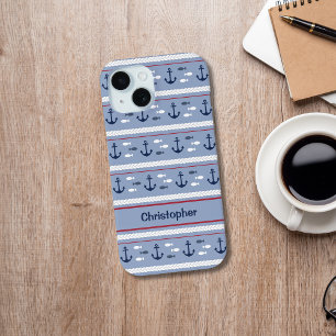 Persoonlijke Blauwe Witte Nautilische Ankers iPhone 15 Case
