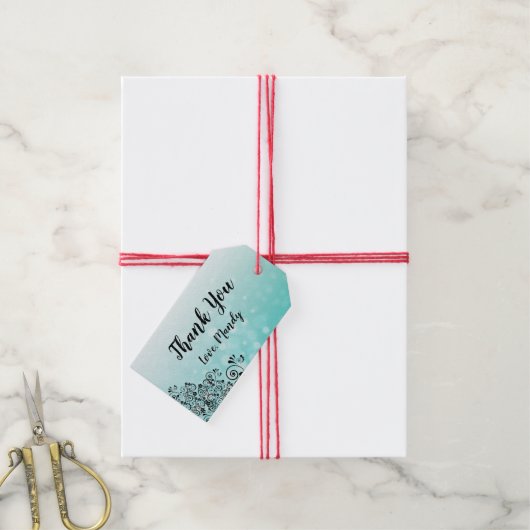 Persoonlijke Blauwgroen Bokeh Dank u Gift Labels Cadeaulabel (Met Touw)