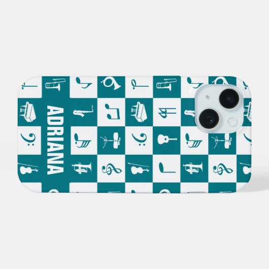 Persoonlijke blauwgroen en witte muzieknoten iPhone 15 case (Achterkant horizontaal)