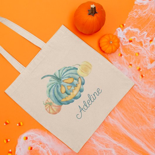 Persoonlijke Blauwgroen pompoen Halloween Trick or Tote Bag
