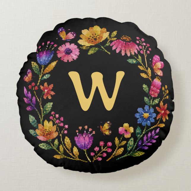 Persoonlijke bloem vlinder monogram krans kussen (Voorkant)