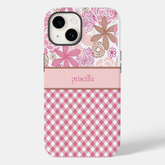 Persoonlijke Bloemen en Geruite Hoestelcase iPhone 14 Hoesje