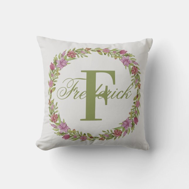 Persoonlijke bloemenkrans achternaam monogram kussen (Voorkant)