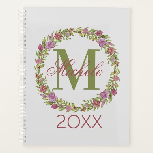 Persoonlijke bloemenkrans achternaam monogram planner (Voorkant)