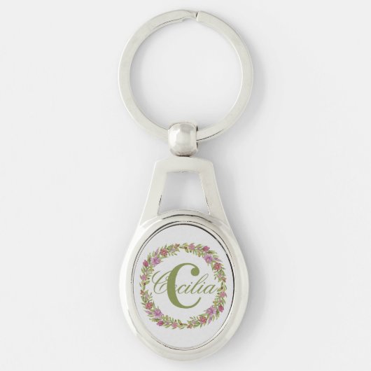 Persoonlijke bloemenkrans achternaam monogram sleutelhanger (Voorkant)