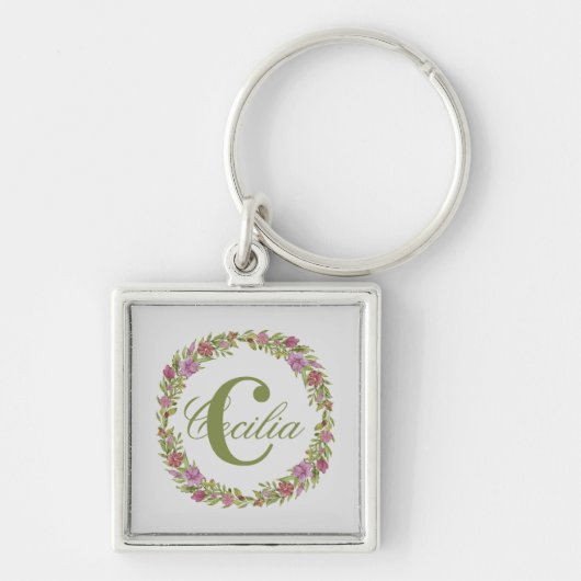 Persoonlijke bloemenkrans achternaam monogram sleutelhanger (Voorkant)