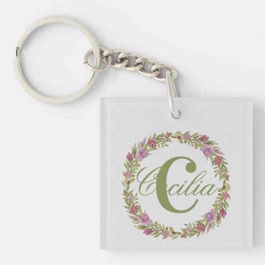 Persoonlijke bloemenkrans achternaam monogram sleutelhanger (voorkant)