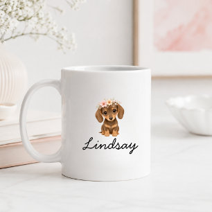 Persoonlijke bloemige Dachshund Puppy Naam Koffiemok
