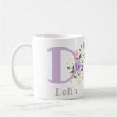 Persoonlijke bloemige koffiemok met naam Delia. (Links)