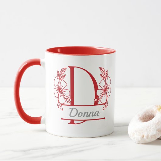 Persoonlijke bloemige monogram letter D mok - op m (Met donut)