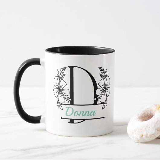 Persoonlijke bloemige monogram letter D mok - op m (Met donut)