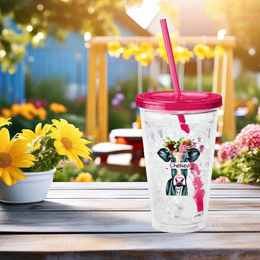 Persoonlijke bloemkoe acryl drinkbeker