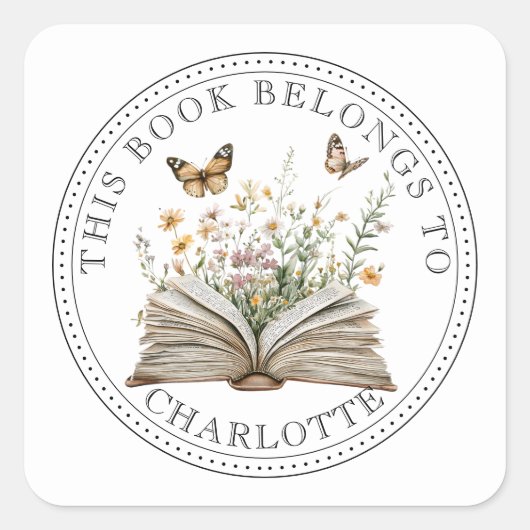 Persoonlijke bloemrijke boekentuin vierkante sticker (Voorkant)