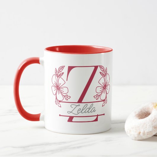 Persoonlijke bloemrijke monogram letter Z mok - op (Met donut)