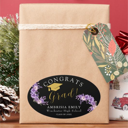 Persoonlijke bloemrijke stijlvolle afstudeercongra ovale sticker (Feestdagen)