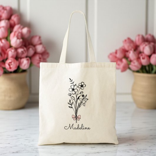 Persoonlijke bloemroze strik voor bruidsmeisje tote bag