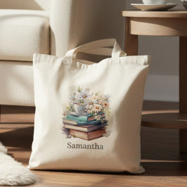 Persoonlijke bloemstukken in gestapelde boeken tote bag