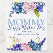 Persoonlijke Blue Floral Happy Mothers Day Wijn Etiket (Enkel label)