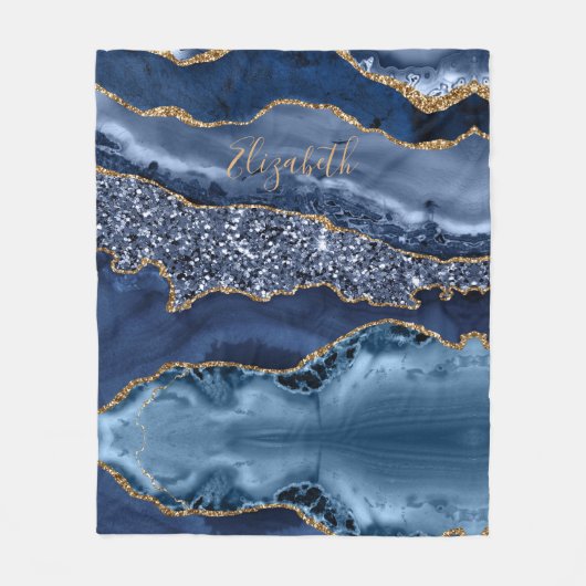 Persoonlijke Blue Gold Glitter Agate Marble Trendy Fleece Deken (Voorkant)