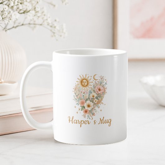 Persoonlijke Boho Bloemhart Zon Maan Mok