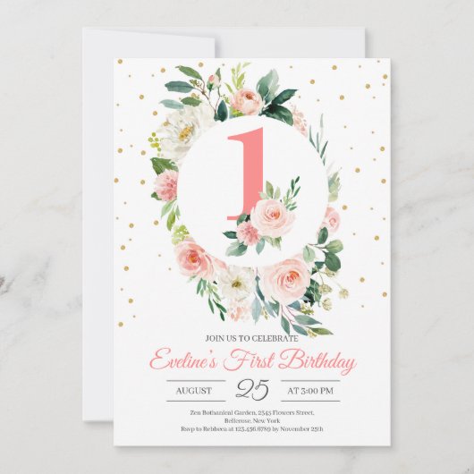 Persoonlijke boho floral girl eerste verjaardag kaart (Voorkant)