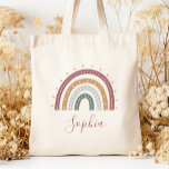 Persoonlijke Boho Muted Earth Tones Tote Bag<br><div class="desc">Deze canvas tas is voorzien van een boho-regenboog in gedempte aardtinten van groen,  grijs,  goud en donker roos. Personaliseer het met haar naam in het donkere handschrift van het roos manuscript.</div>