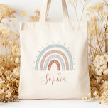 Persoonlijke Boho Muted Pastel Earth Tones Tote Bag<br><div class="desc">Deze canvas tas is voorzien van een boho-regenboog in gedempte pastelaarde tinten van zee groen,  geelbruin,  grijs en terracotta. Pas het met haar naam in het handschrift van terracotta aan.</div>