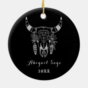 Persoonlijke Boho Tribal Skull Black en White Keramisch Ornament